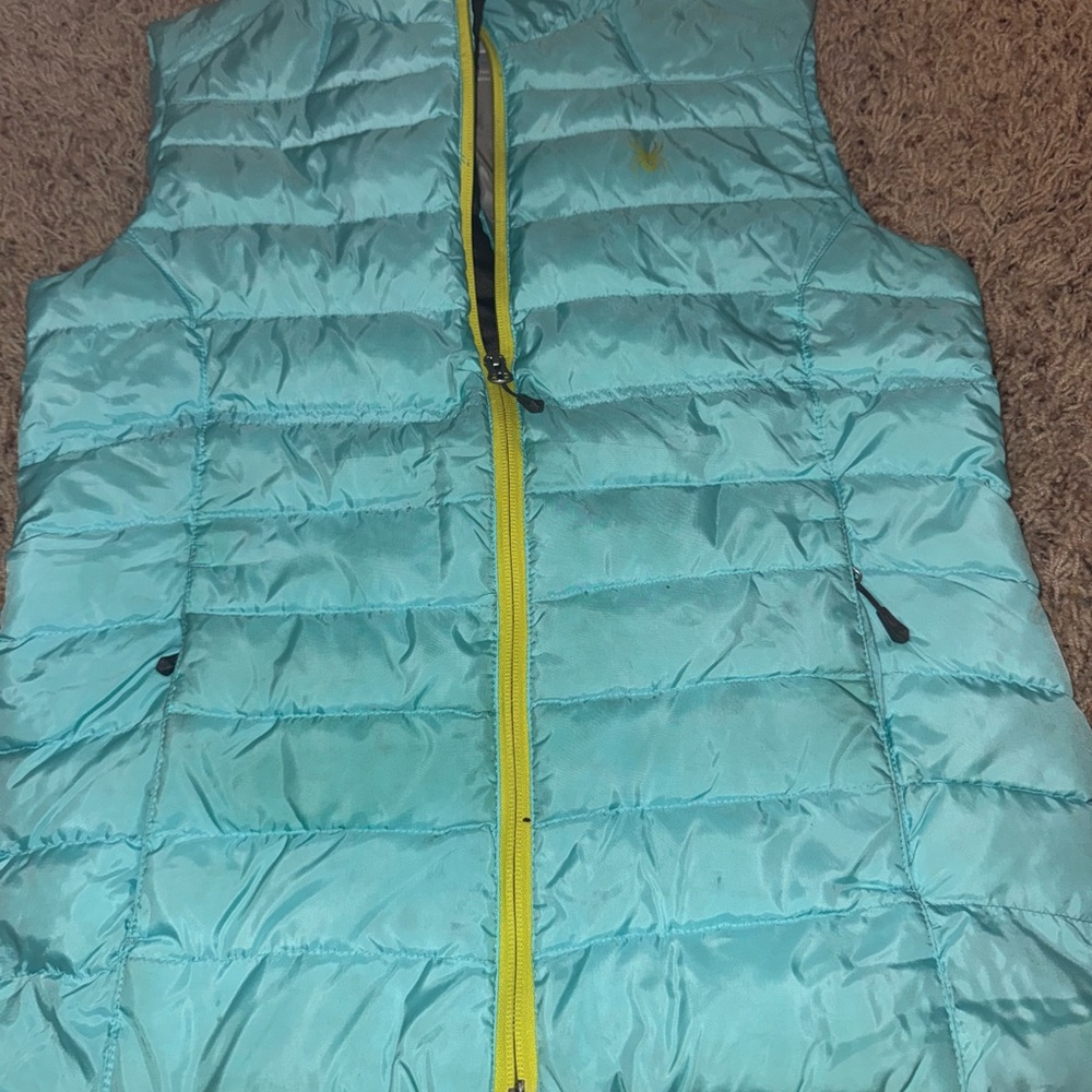 Spyder Aqua Blue Puffer Vest with Yellow Zipper